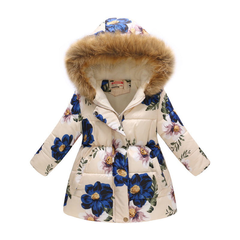 Children's Hooded Cotton Jacket with Long Fur Collar