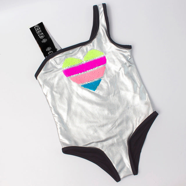 Heart-Shaped Sequin Baby Girl One-Piece Swimsuit