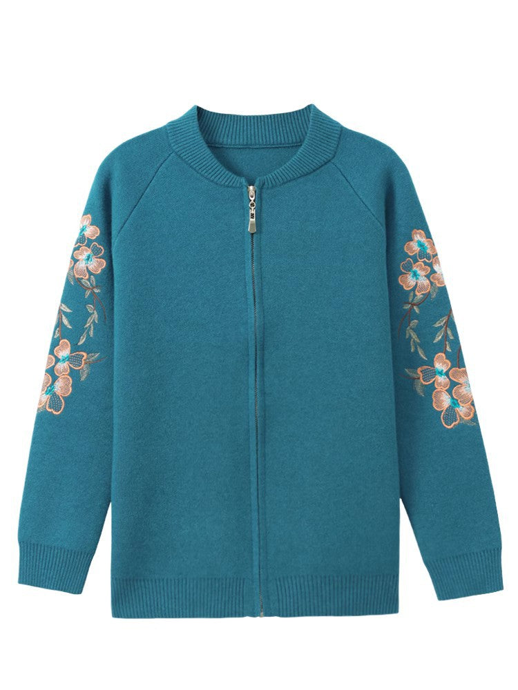 Embroidered Wool Cardigan for Middle-Aged Women