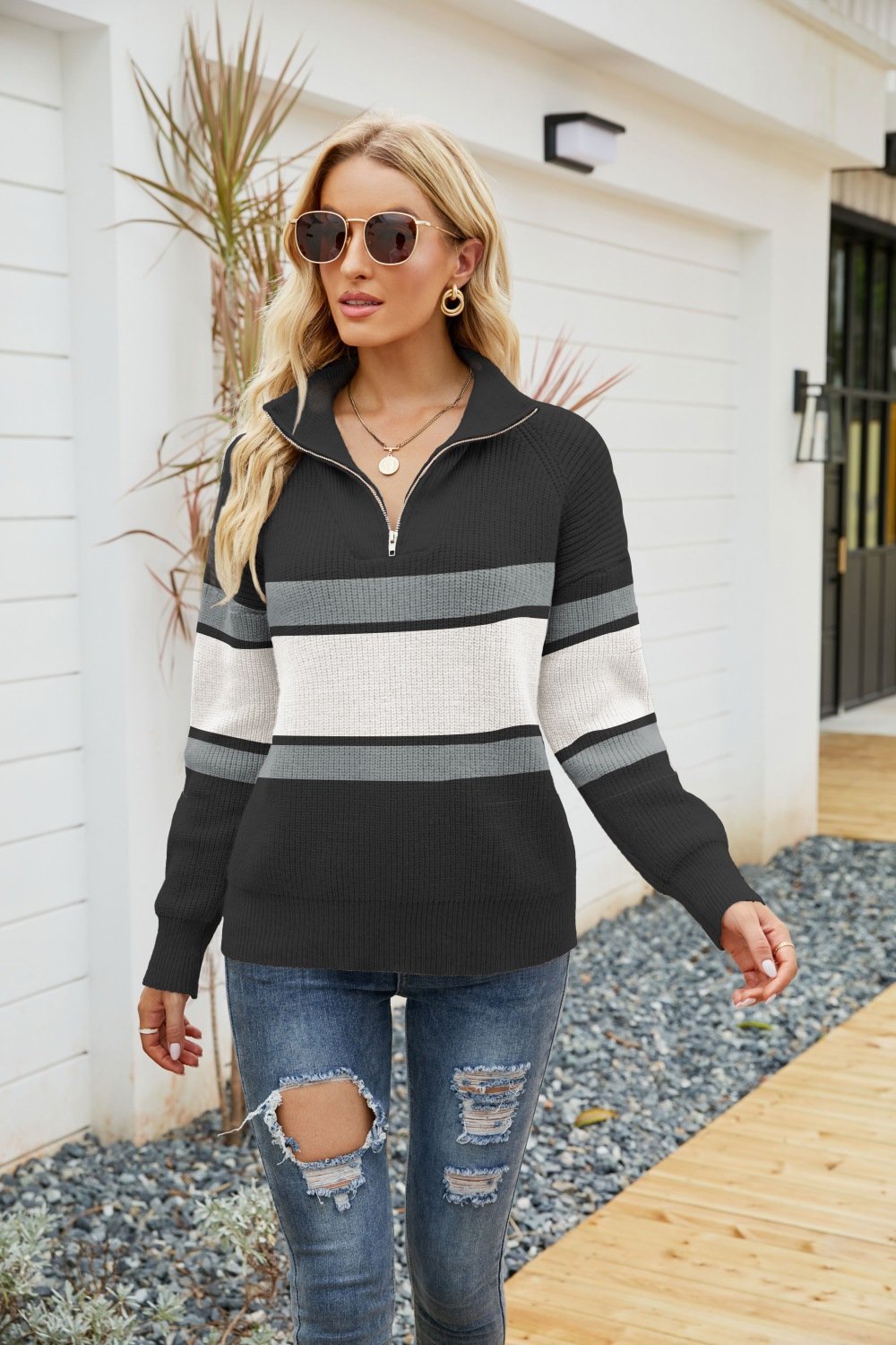 Women's Striped Colorblock Long Sleeve Zip Sweater
