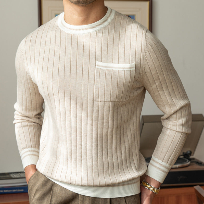 Men's Striped Knitted Round Neck Sweater with Pocket