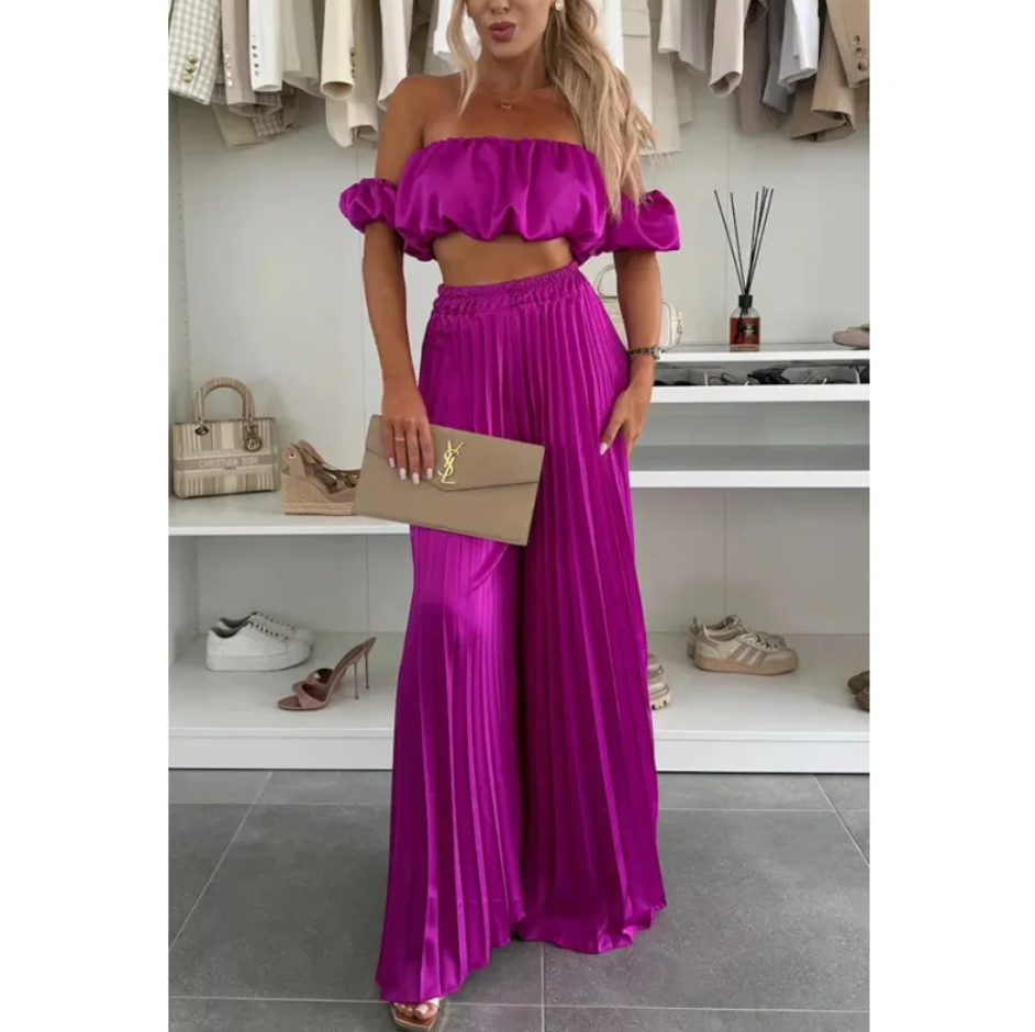 Women’s Satin Tube Top and Wide Leg Pants Set