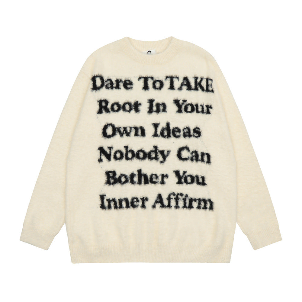 Velvet Padded Crew Neck Sweater with English Letters