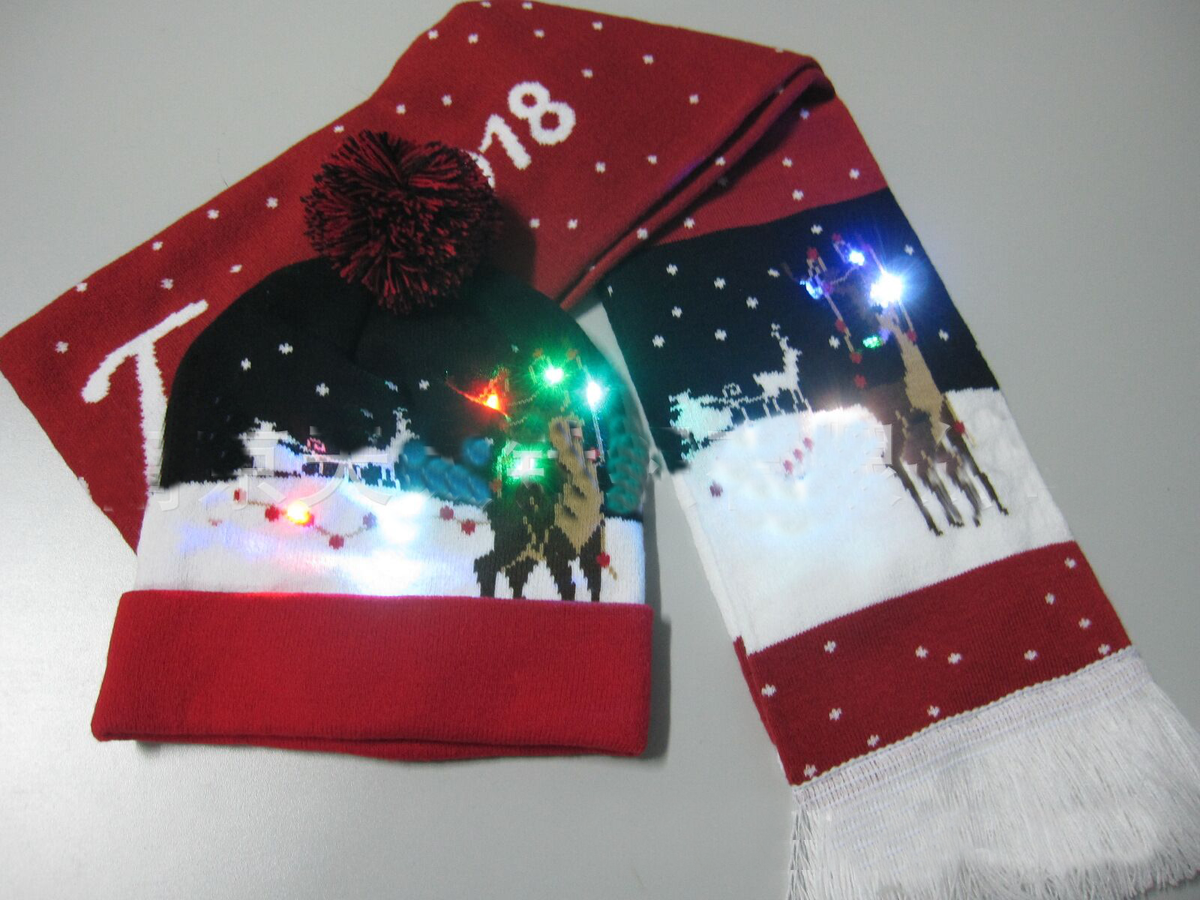 Scarf and Hat Set with LED and Reindeer Design | Embroidered Cap