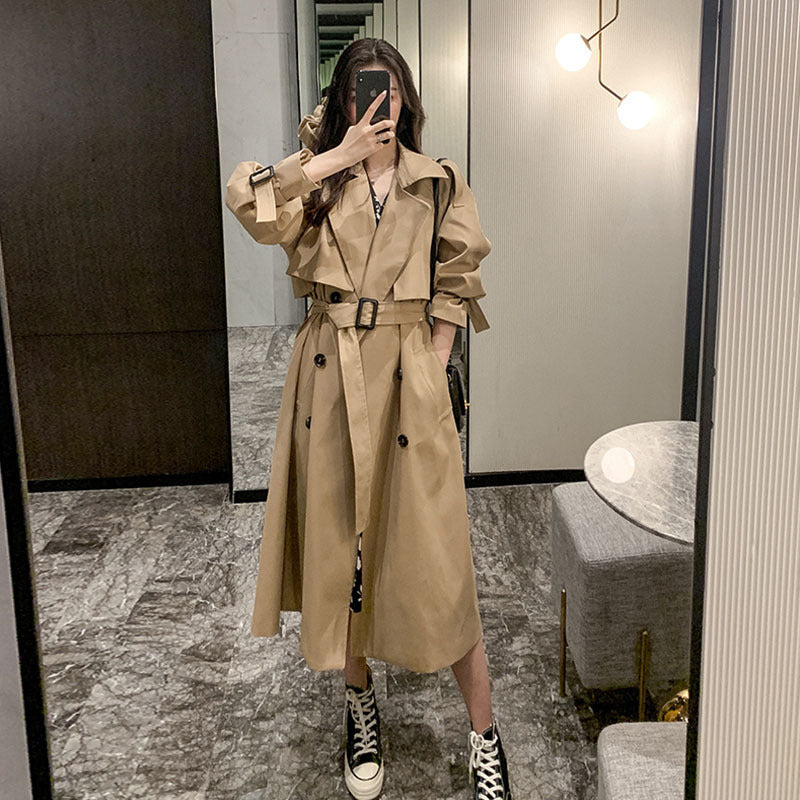 Khaki Double Breasted Loose Coat with Waist Belt