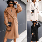 Double-Breasted Solid Color Long Woolen Coat