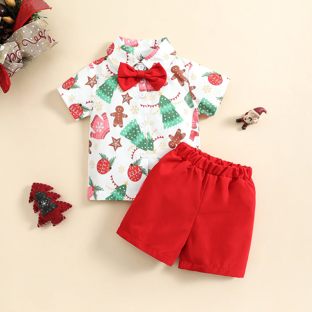 2022 Boys' Christmas Shirt with Bow Tie and Shorts Set