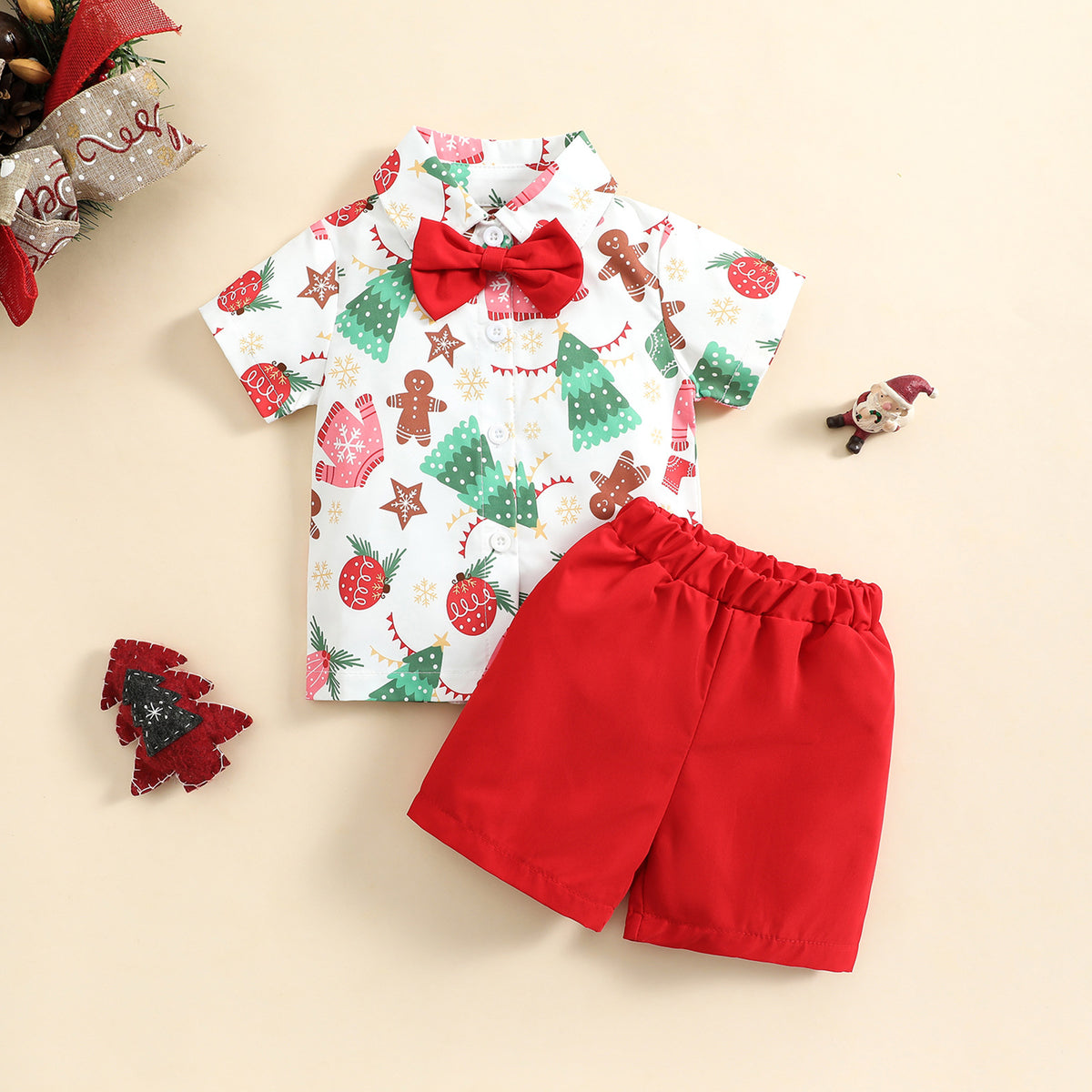 2022 Boys' Christmas Shirt with Bow Tie and Shorts Set