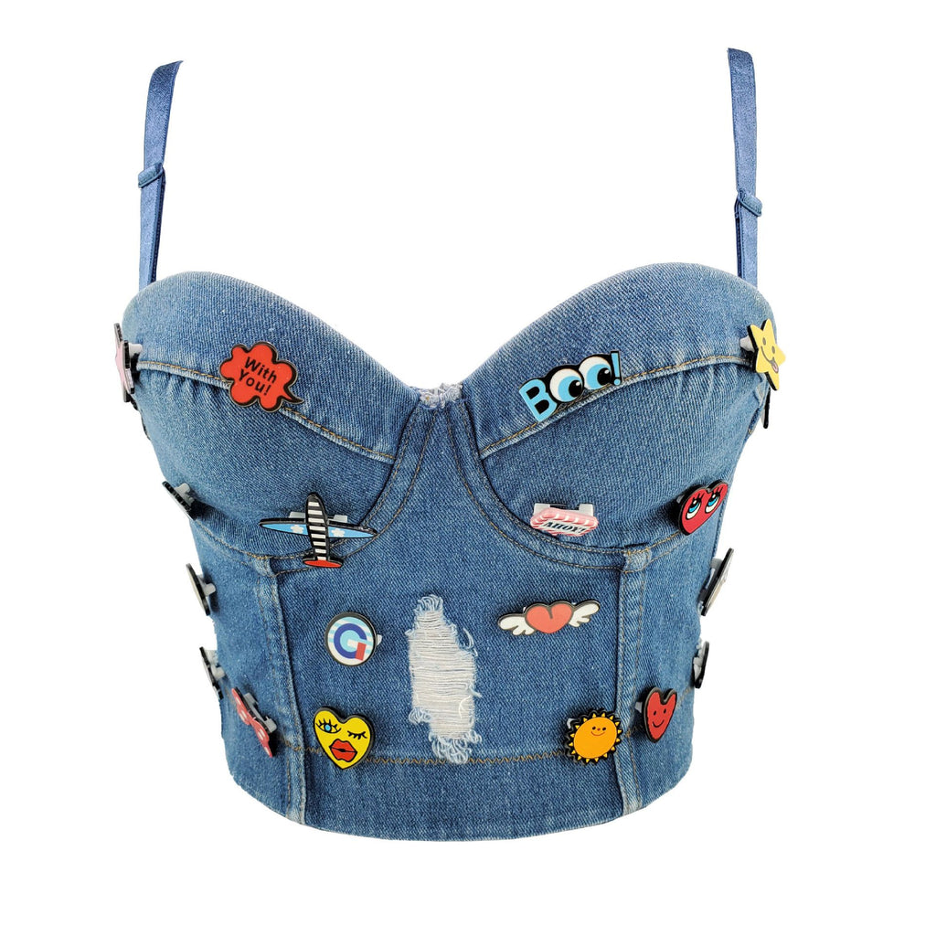 Modern Women's Denim Crop Top with Embellished Vest