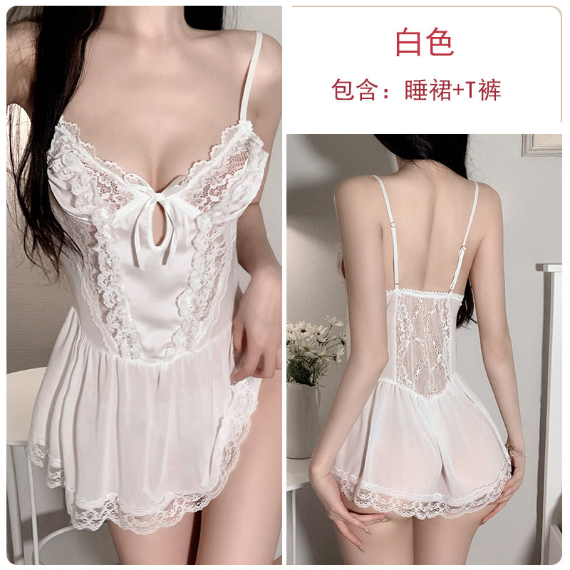 Lace and Mesh Deep V Nightgown and Robe Set 2216