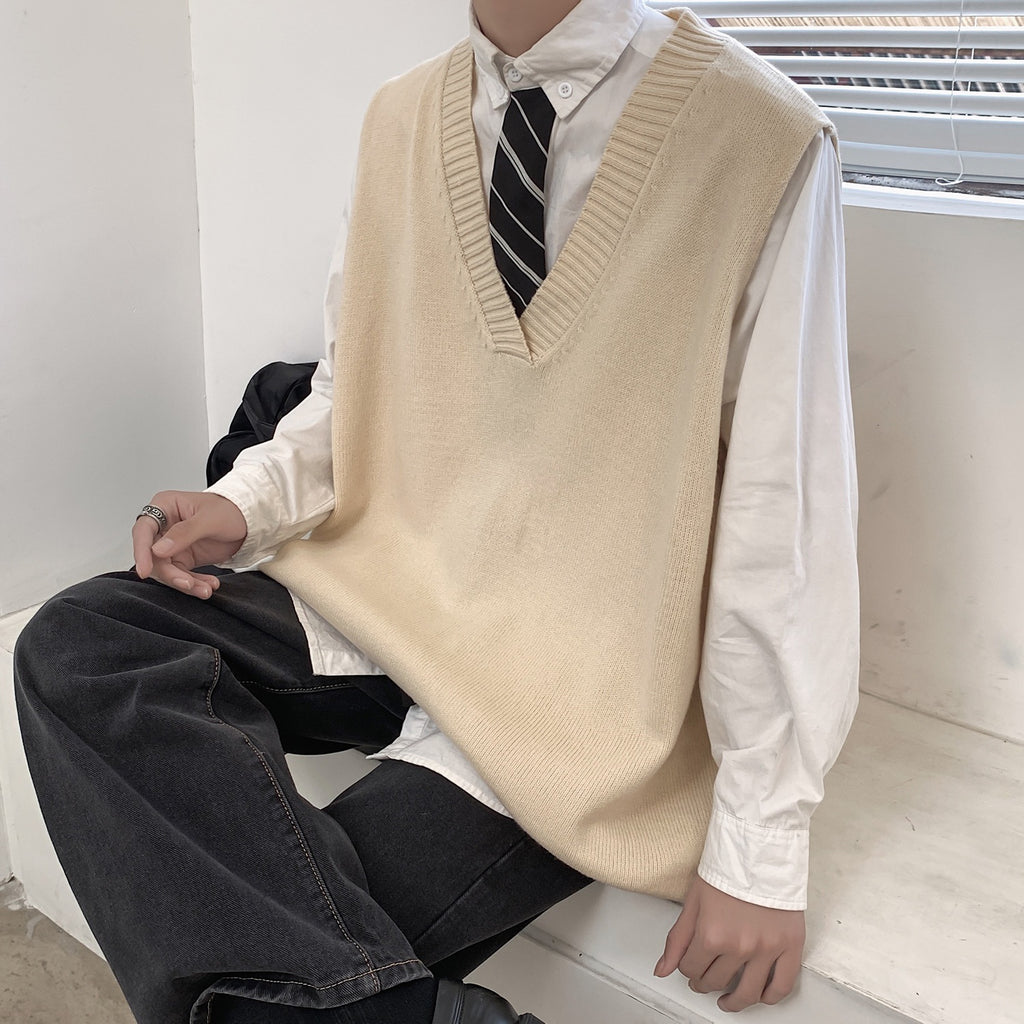 Men's V-neck Sleeveless Knit Sweater Vest for Autumn