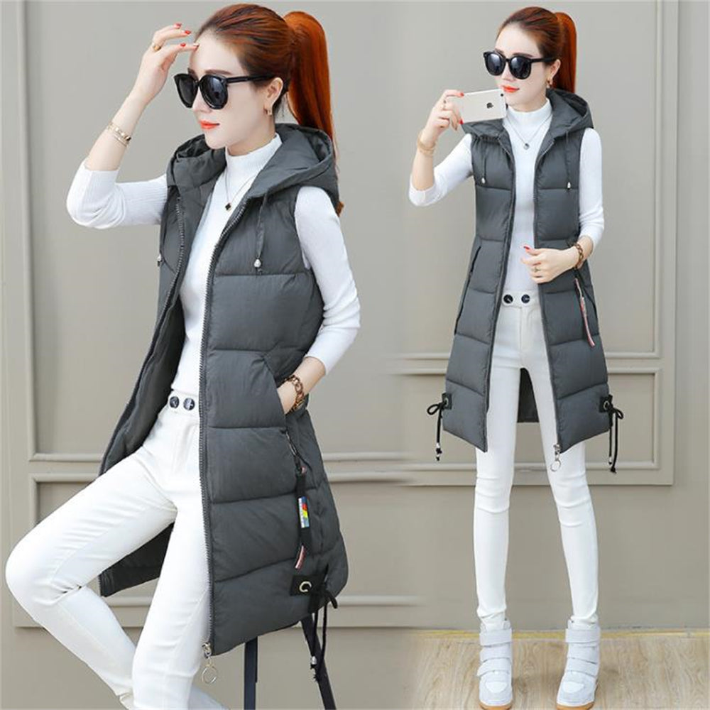 Long Cotton Gilet for Women - Hooded Sleeveless Jacket