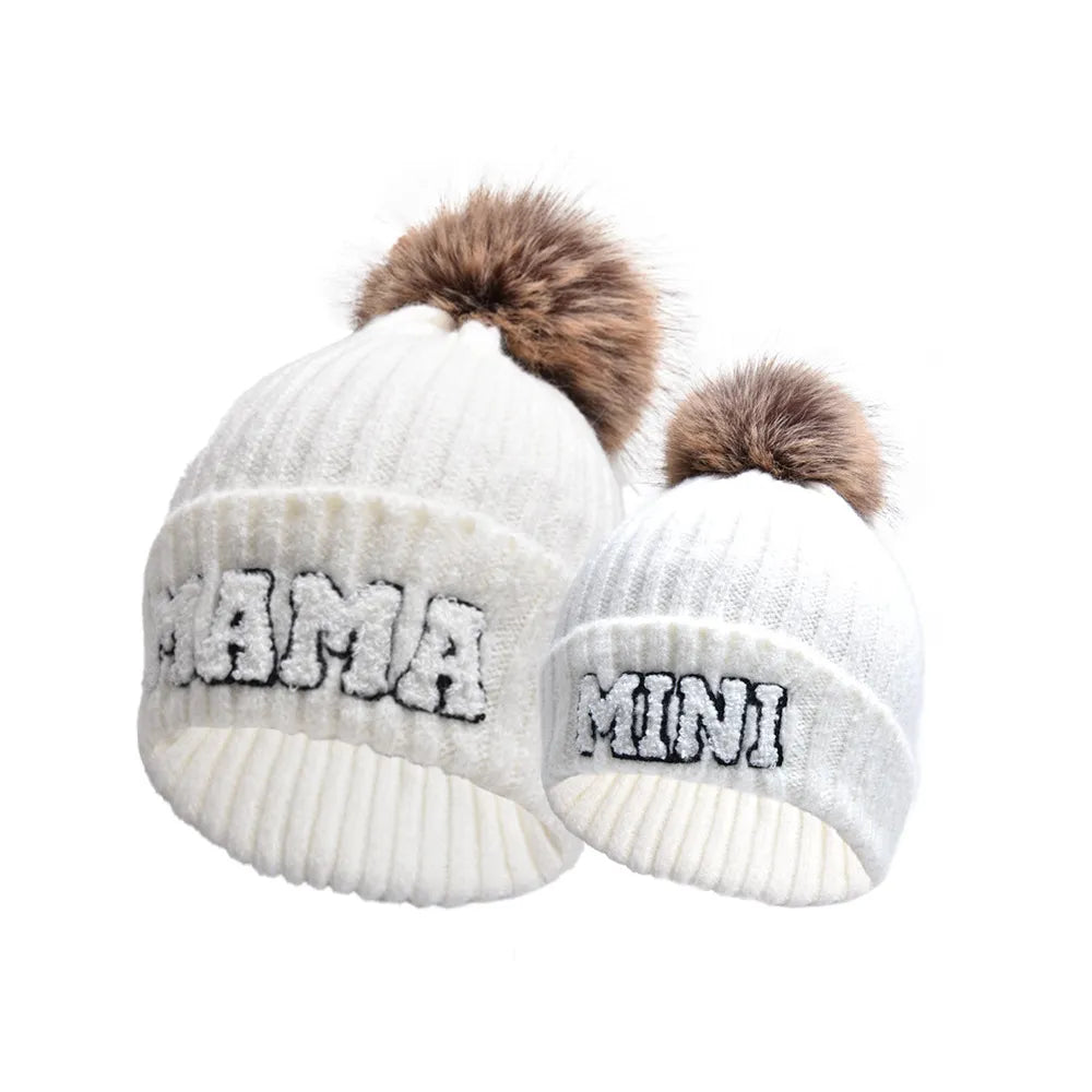 Kunyeah 3Pcs Parent-Child Beanie Hat Mama Papa Baby Matching Hats Winter Warm Cap with Pom-Pom Women Men Knitted Hat | Embroidered Cap