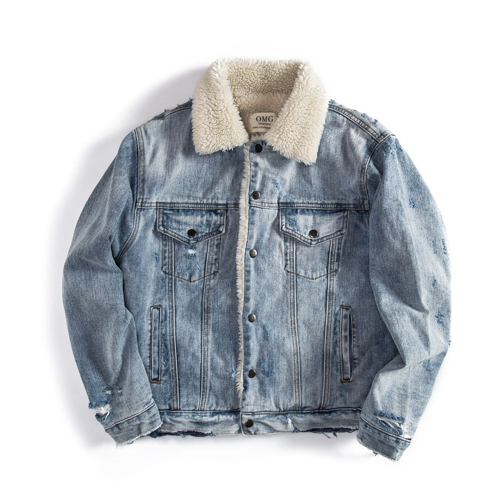 Winter Men's Distressed Lamb Wool Denim Jacket
