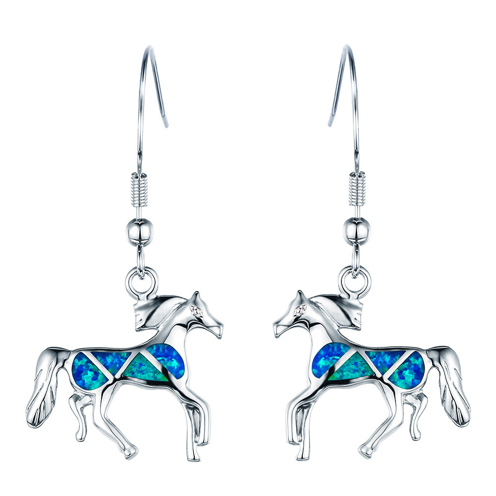 Blue Opal Horse Drop Earrings
