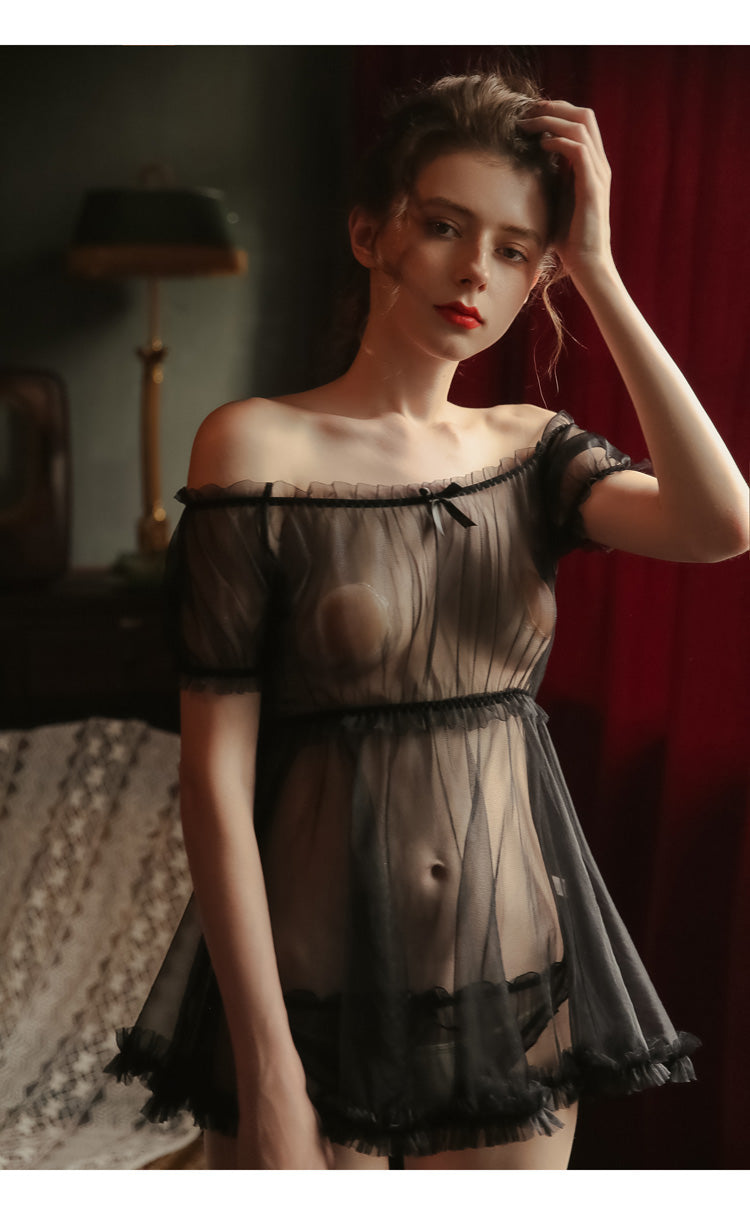 Sheer Mesh Off-Shoulder Princess Nightgown Dress