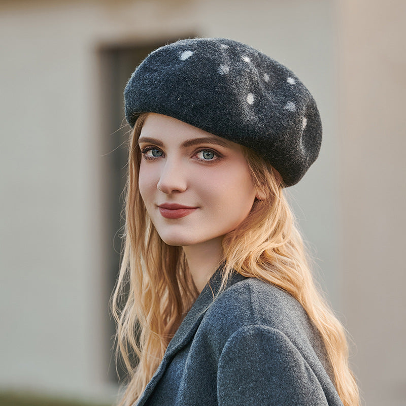 Polka Dot Wool Beret Hat for Women and Girls | Embroidered Cap