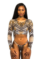 Women's Long Sleeve Printed Bikini with Thong Bottom