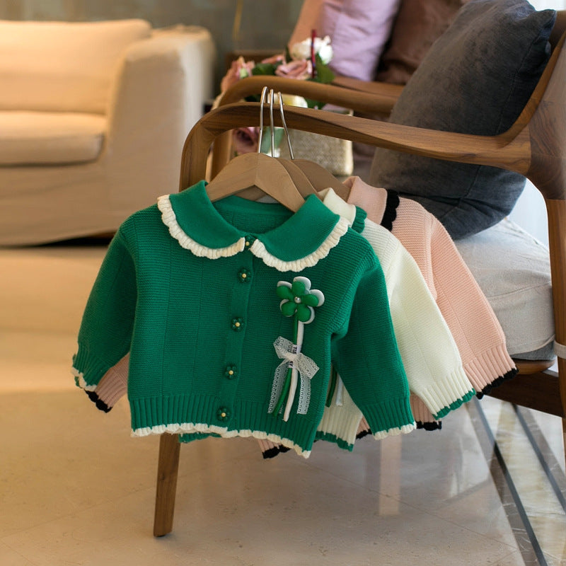 Girls' Round Neck Cardigan with Small Flower Design