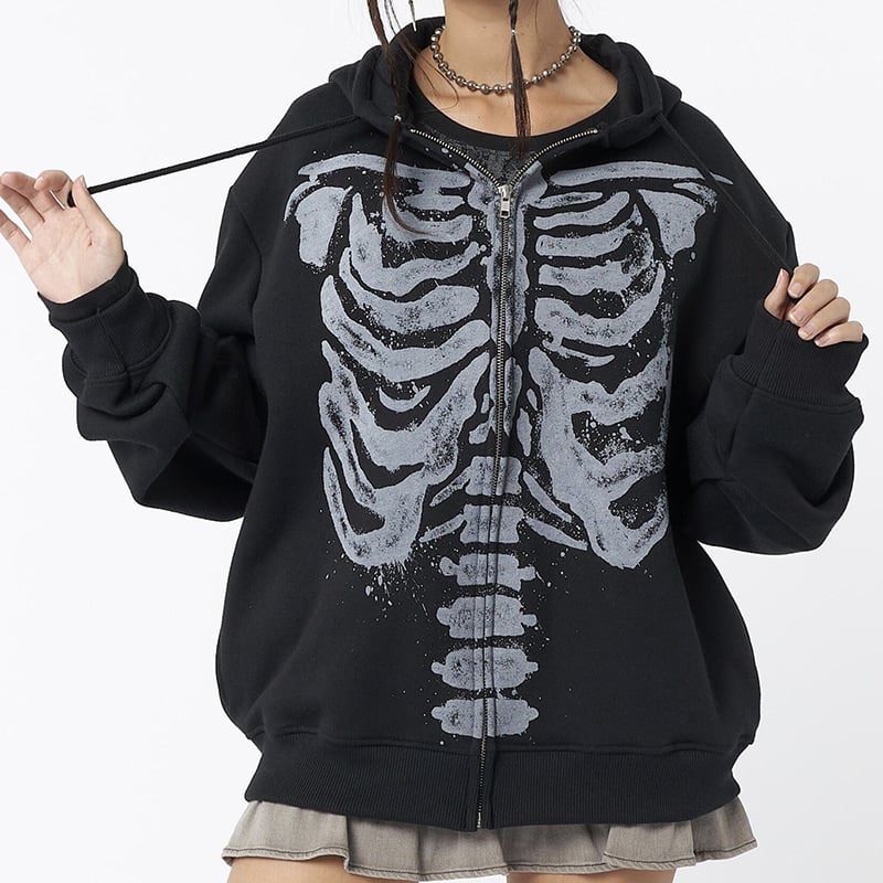 Printed Skeleton Long Sleeve Round Neck Cardigan