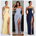 Tube Top Pleated Slit Maxi Dress