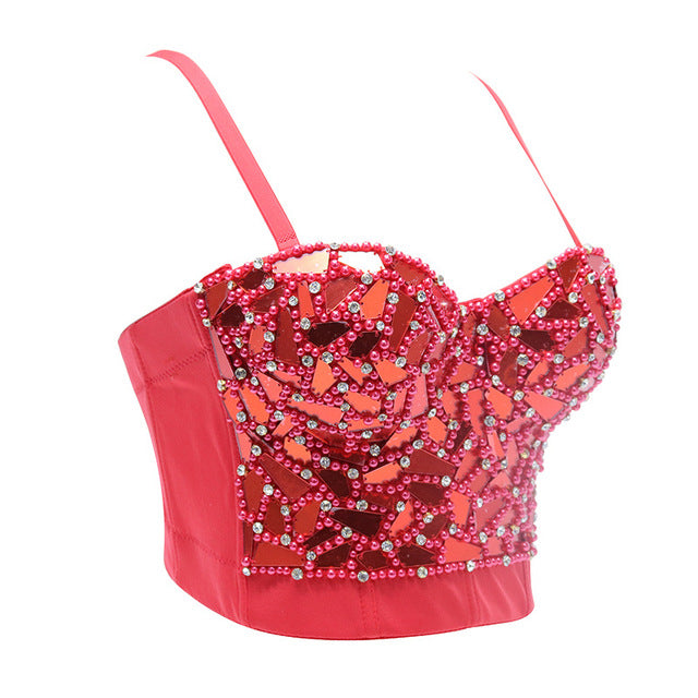 Sequin Cropped Tank Top with Rhinestones and Pearls