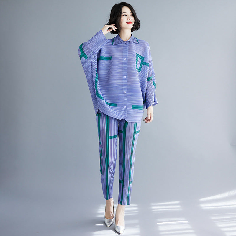 Women's Geometric Pleated Cardigan Set for Fall/Winter