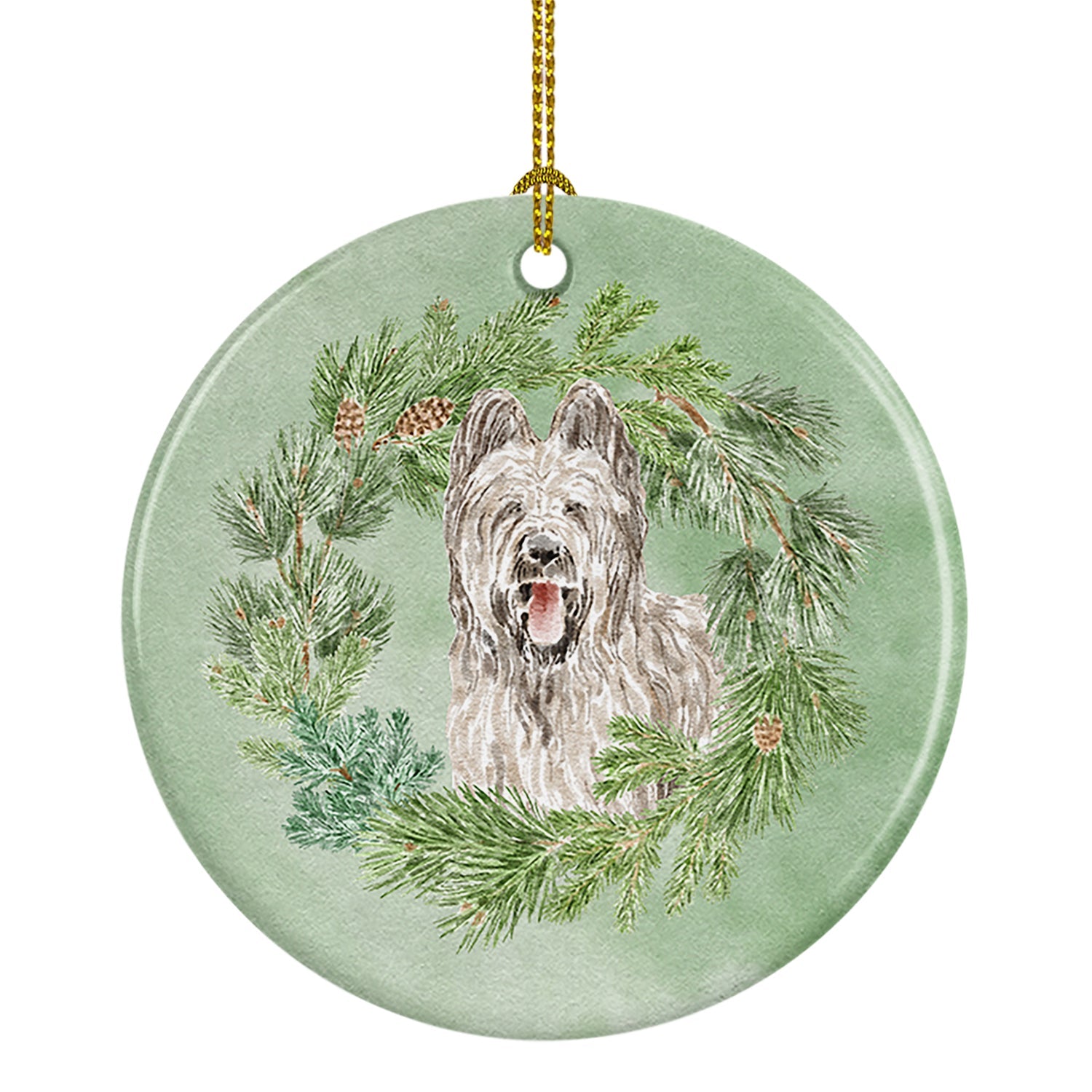 Briard Smiling Ears Up Christmas Wreath Ceramic Ornament