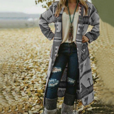 Printed Long Sleeve Woolen Coat
