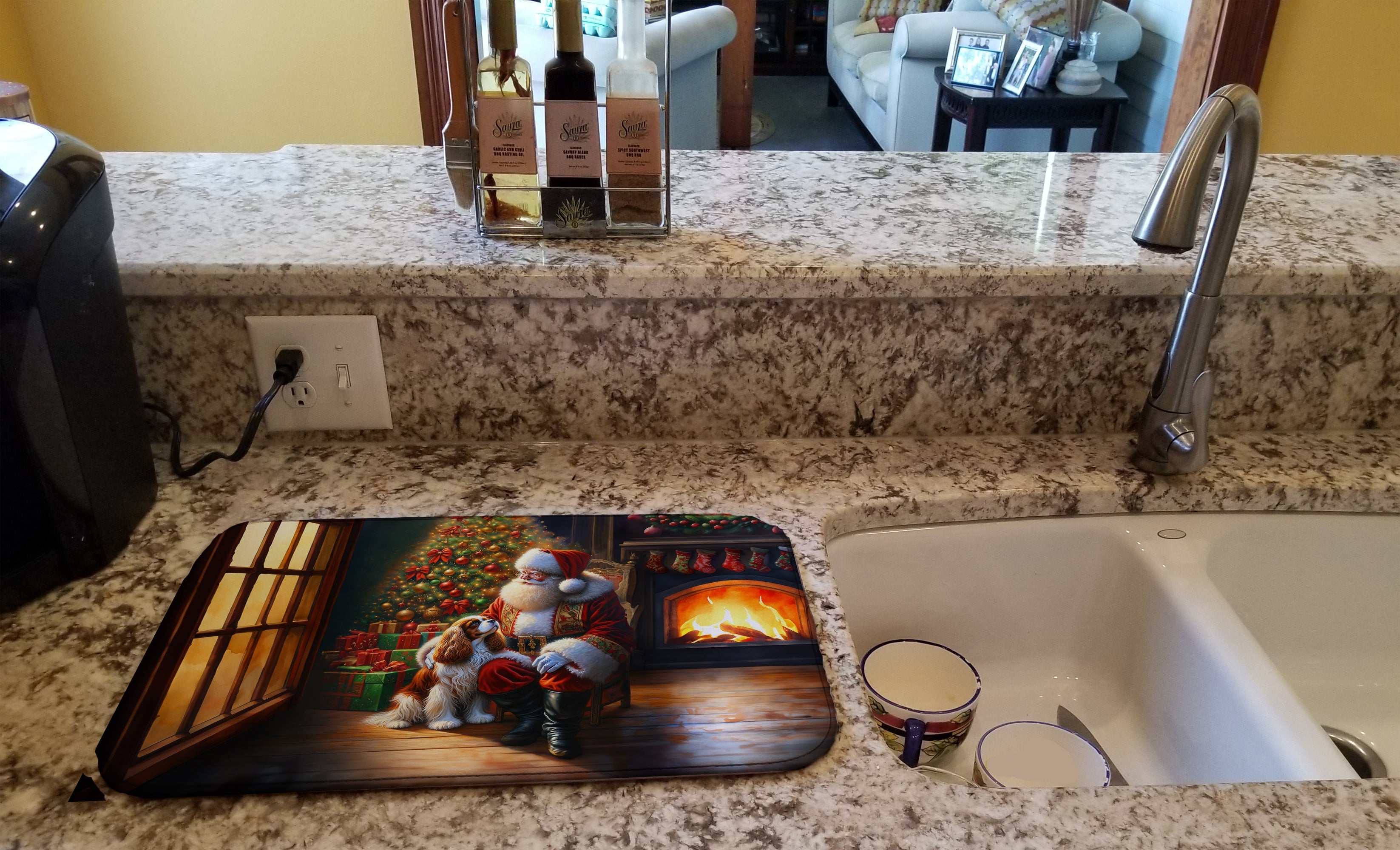 Cavalier Spaniel and Santa Claus Dish Drying Mat
