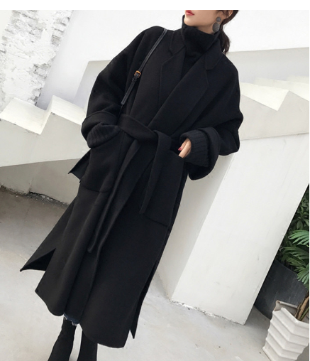 Mid-Length Women's Red Woolen Coat with Maple Leaf Design