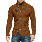 Men's Turtleneck Leather Button Knit Cardigan Jacket