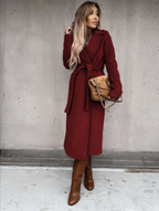Women's Long Woolen V-Neck Tie-Up Coat