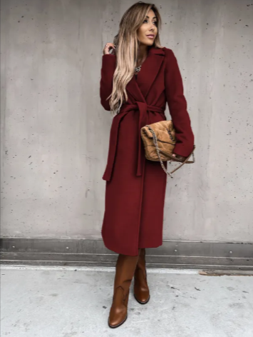 Women's Long Woolen V-Neck Tie-Up Coat