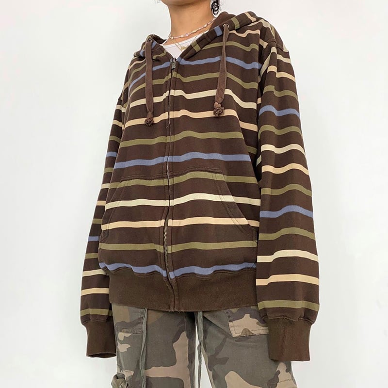 Loose Hooded Sweater with Fashion Stripe Print