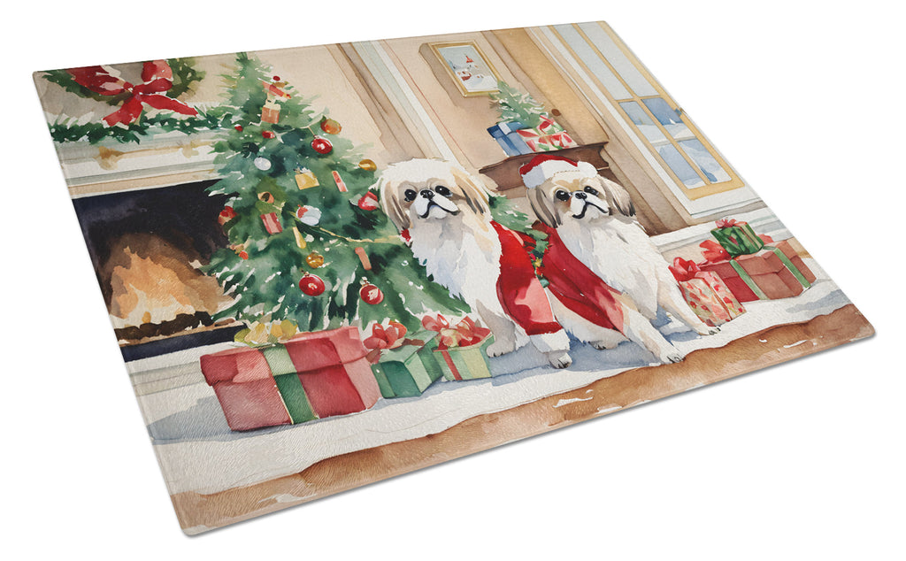 Pekingese Cozy Christmas Glass Cutting Board