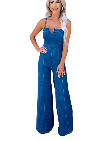 Blue Spaghetti Strap Notch V Denim Jumpsuit (One Piece)