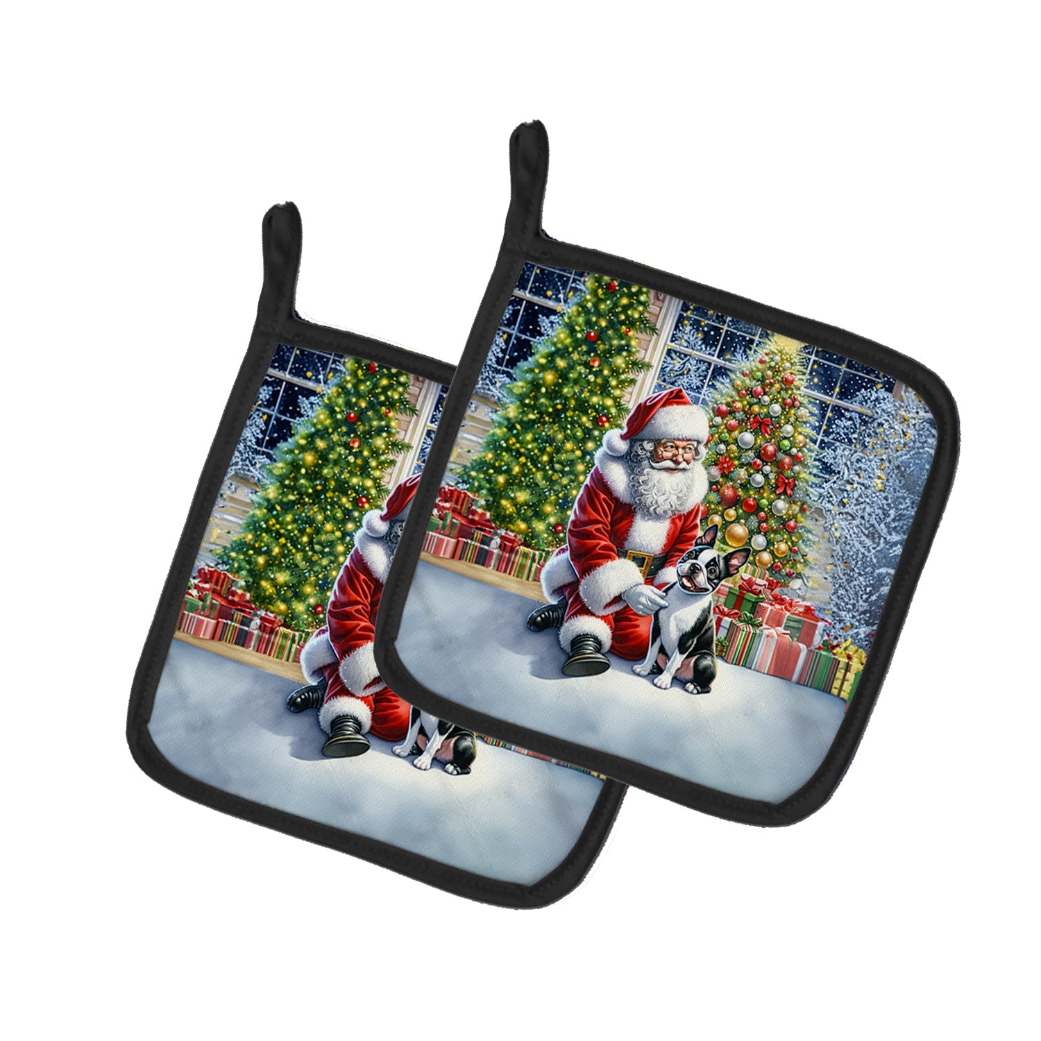 Boston Terrier and Santa Claus Pair of Pot Holders