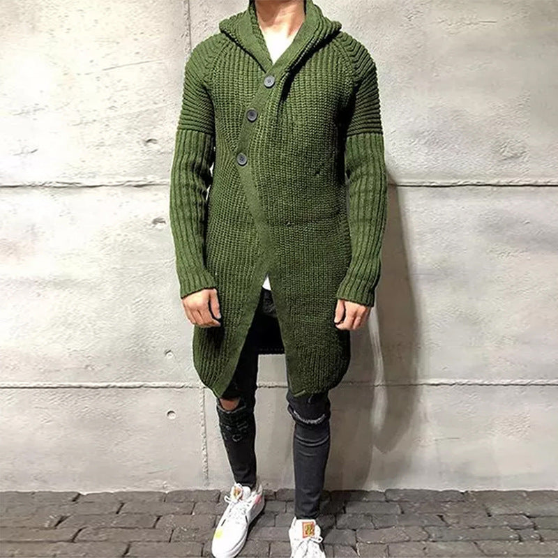 Men's Solid Color Long Knitted Hooded Sweater Coat