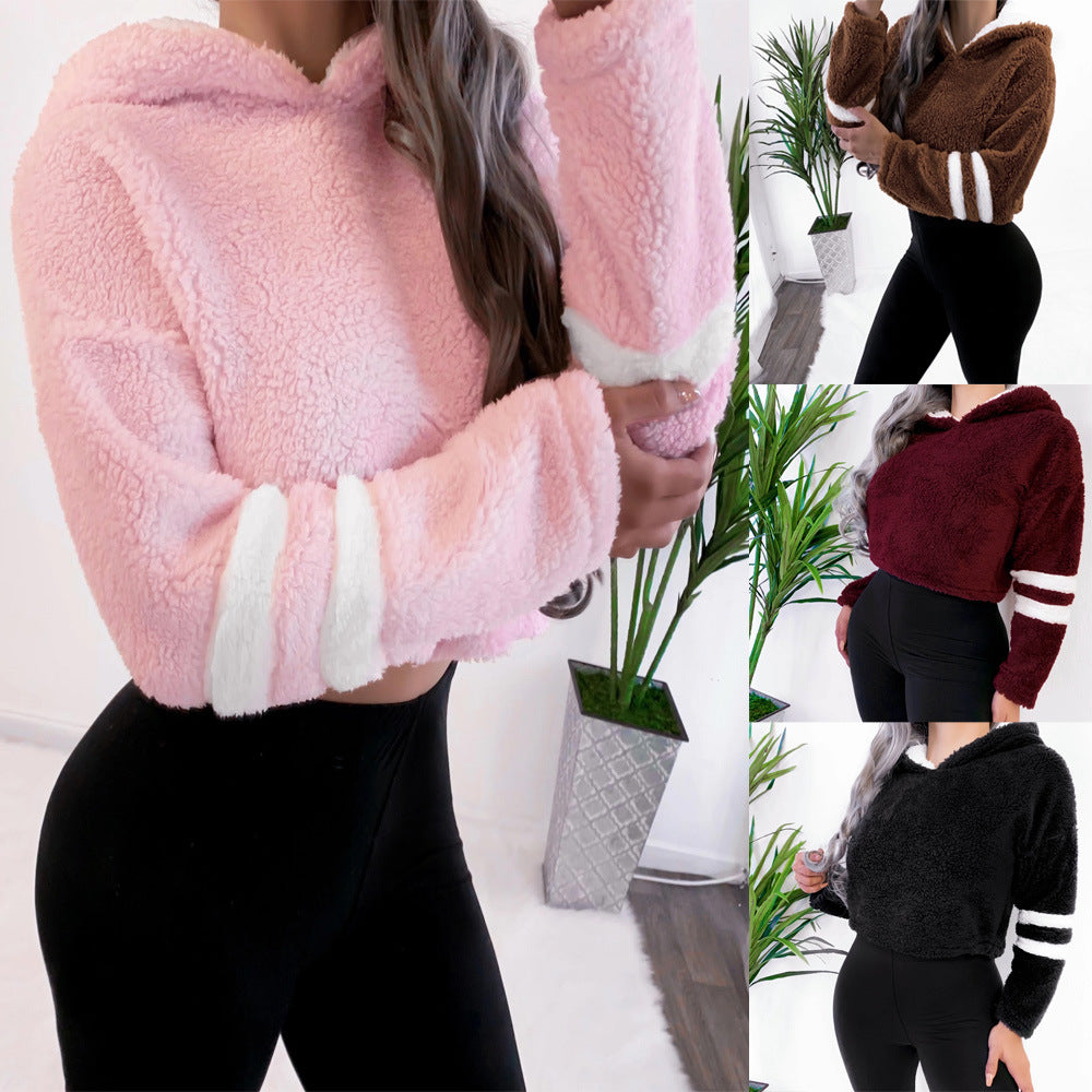 Women's Sexy Plush Hooded Long Sleeve Crop Top ZC3356 | Streetwear