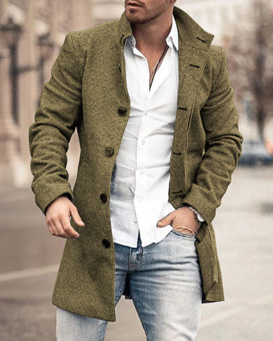 Men's Woolen Stand Collar Medium Long Casual Coat