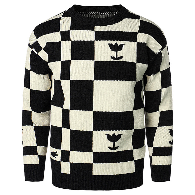 Men's Casual Knit Sweater - Warm Plaid Round Neck Top