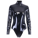 Black Long-Sleeved PU Leather Slim Bodysuit