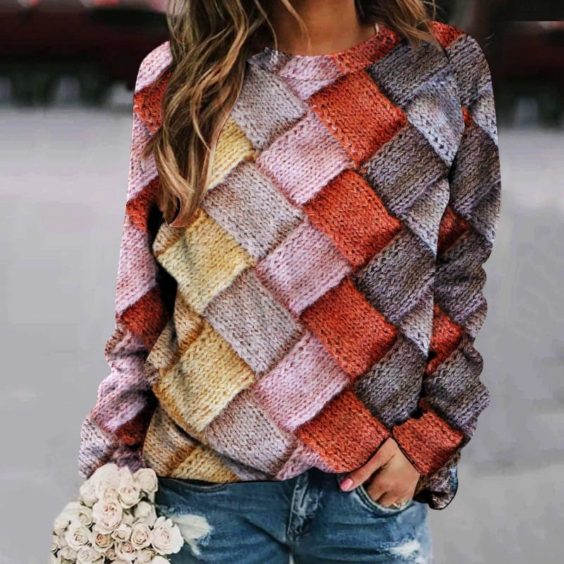 Printed Patchwork Round Neck Women's Long Sleeve Sweater