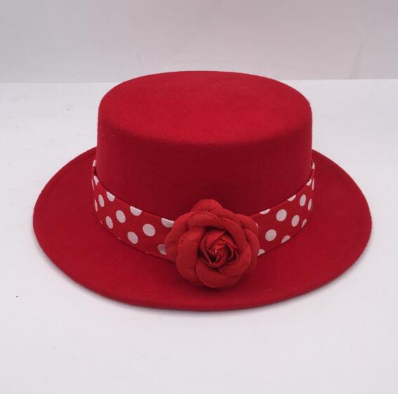 Elegant Red Wool Tweed Wide Brim Hat with Flowers | Embroidered Cap