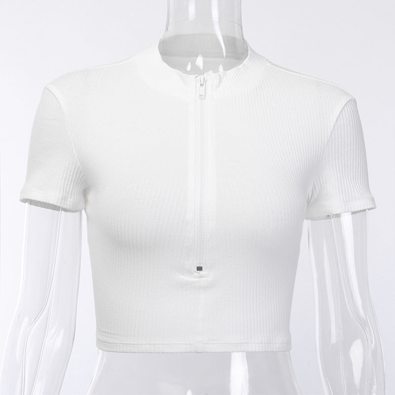 Zipper Short Sleeve T-Shirt, High-Waist Crop Top