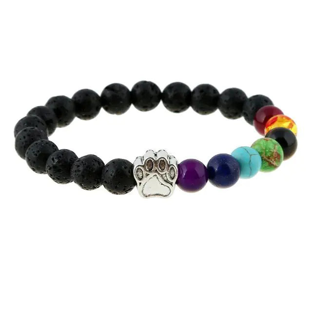 Dog Paw Chakra Bracelet, Lava Stone Beaded Stretch Bracelet with 7 Chakra and Silver Paw Print Charm, Unisex Pet Lover Gift
