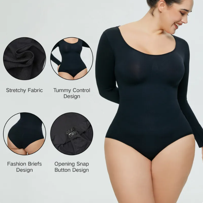 Women's Seamless Long Sleeve One-Piece Bodysuit, Body Shaper & Yoga Jumpsuit