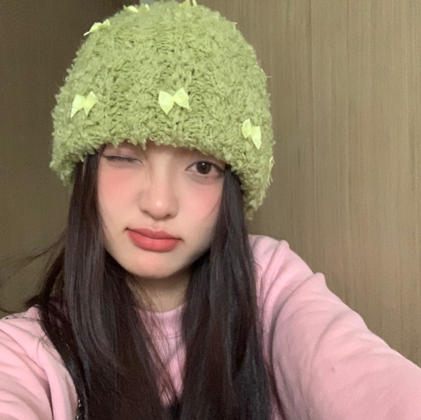 Rabbit Hair Bow Knitted Beanie Hat | Embroidered Cap