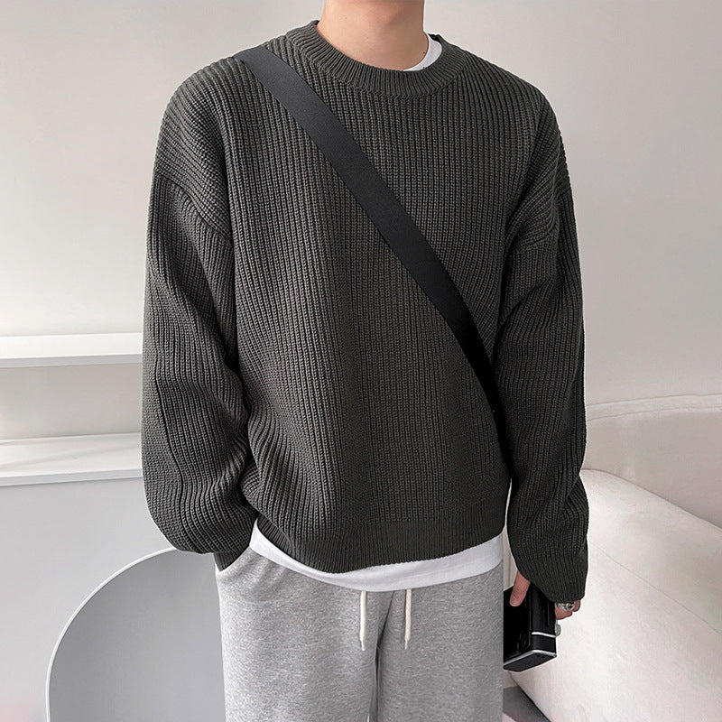 Versatile Solid Color Crew Neck Men's Slouchy Sweater